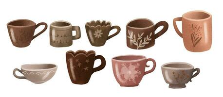 main tiré tasses collection. marron illustration tasses à thé pour thé c vecteur