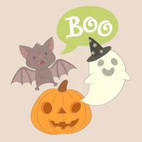citrouille mignonne, fantôme avec chapeau de sorcière, chauve-souris disant boo pour la fête d'halloween vecteur