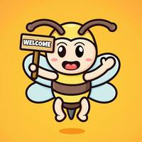 mignonne dessin animé abeille en portant une signe et en disant Bienvenue vecteur