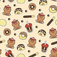 sans couture modèle de mignonne nounours ours asseoir avec Chocolat saveur sucré et dessert fond.boulangerie.wild animal personnage dessin animé conception.image pour carte, affiche, bébé vêtements.kawaii.vector.illustration. vecteur