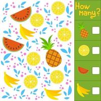 jeu pour les enfants d'âge préscolaire. comptez autant de fruits sur l'image, notez le résultat. banane, pastèque, citron, ananas. avec une place pour les réponses. illustration vectorielle simple plat isolé. vecteur