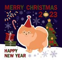joyeux Noël et content Nouveau année carte avec poméranien chien avec différent hiver éléments. mignonne main tiré illustration. vecteur