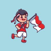 mignonne garçon en portant indonésien drapeau dessin animé vecteur