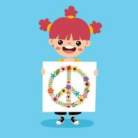 dessin animé enfant posant avec paix signe vecteur