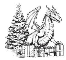 mignonne dragon avec Noël présent boîte. symbole de chinois Nouveau année 2024. vecteur