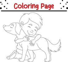 garçon étreindre le sien chien coloration page vecteur
