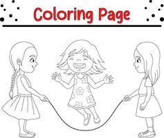 Trois les filles en jouant sauter corde coloration page vecteur