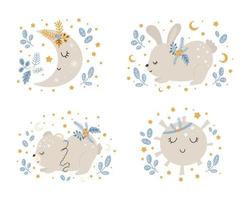 collection d'animaux mignons de noël, joyeux noël illustrations d'ours, lapin avec accessoires d'hiver. style scandinave sur fond blanc. vecteur