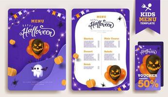 modèle de menu pour enfants d'halloween avec des personnages d'halloween de dessin animé mignon vecteur
