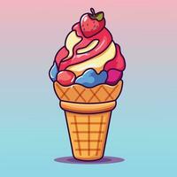 la glace crème cône avec fraise vecteur illustration manuellement établi