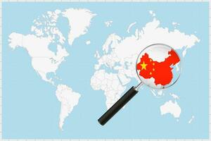 grossissant verre montrant une carte de Chine sur une monde carte. vecteur