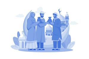 couple musulman donnant le concept d'illustration de la zakat sur fond blanc vecteur
