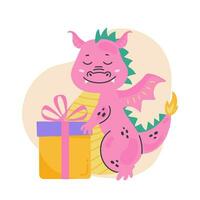 fantaisie mignonne dragon avec cadeaux Noël. joyeux Noël et Nouveau année carte. bébé dinosaure pour enfants. vecteur mignonne libellule dino personnage, dessin animé illustration