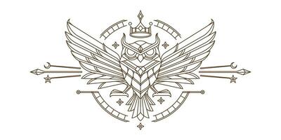 sacré hibou mur art ligne conception. ancien dessin de Roi hibou géométrique conception avec détaillé ailes vecteur mystique illustration.