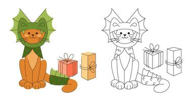 mignonne chat personnage dans une dragon costume avec des boites de cadeaux. couleur, noir et blanc vecteur illustration.