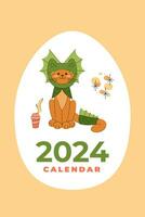 calendrier2024 couverture. mignonne et marrant chat dans une dragon costume avec une tasse de café. dessin animé vecteur illustration.