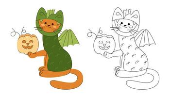 une chat personnage dans une dragon costume avec une Halloween citrouille. couleur, noir et blanc vecteur illustration.