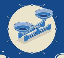 équilibre échelle avec double des casseroles. isométrique laboratoire mécanique Balance. Balance avec boules. 3d objet dans bleu tons. vecteur