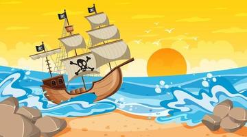 scène de plage au coucher du soleil avec bateau pirate en style cartoon vecteur