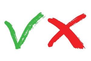 main tiré vert vérifier marque et rouge traverser marque marqueur droite et faux signe clipart vote griffonnage vecteur