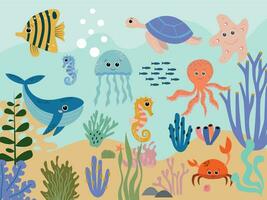coloré sous-marin monde avec baleines et étoile de mer nager avec un poulpe parmi le algue et rochers, vecteur dessin animé illustration. vecteur illustration