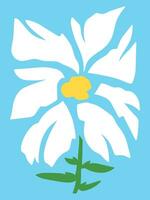 abstrait blanc coloré fleur avec vert tige et feuilles. vecteur illustration isolé sur bleu verticale Contexte. Facile plat dessin animé minimaliste art stylé dessin.