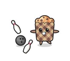 dessin animé de caractère de muffin joue au bowling vecteur
