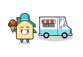 caricature de mascotte de maison avec camion de crème glacée vecteur