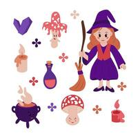 mignonne Jeune sorcière et en relation magique articles. vecteur marrant personnage avec champignons et chaudron dans plat dessin animé style. parfait pour imprimer, autocollants, impressions, motifs