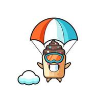 La caricature de mascotte de cupcake saute en parachute avec un geste heureux vecteur