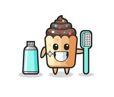 mascotte illustration de cupcake avec une brosse à dents vecteur