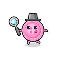 personnage de dessin animé de bouton de vêtements recherchant avec une loupe vecteur