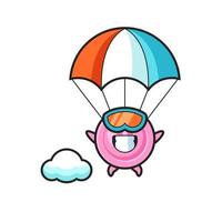 Le dessin animé de mascotte de bouton de vêtements saute en parachute avec un geste heureux vecteur