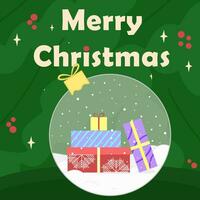 Noël carte avec cadeaux, jouet Balle pour Noël arbre, neige, lumière arrière-plan, imprimable, vecteur illustration
