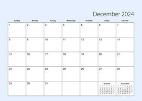 mur calendrier planificateur pour décembre 2024. Anglais langue, la semaine départs de dimanche. vecteur