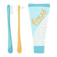 brosse à dents et dentifrice, vecteur illustration dans dessin animé plat style. dentaire et oral se soucier concept. mignonne impression pour les enfants livres, des gamins dentisterie clinique, thématique conception et décor. les dents hygiène.