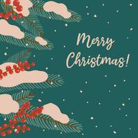 hiver carré de fête carte sur vert Contexte avec texte joyeux Noël dans plat vecteur style. main tiré Noël arbre branches, baies, neige. vacances saisonnier floral décoration.