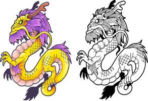 Conte de fée chinois dragon, contour illustration coloration livre vecteur