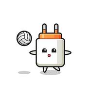 dessin animé de caractère de l'adaptateur secteur joue au volley-ball vecteur