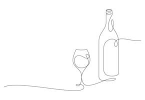 verre de vin et bouteille mince ligne continu dessin minimaliste vecteur