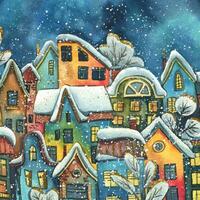 panorama de le vieux ville avec Maisons contre le toile de fond de le nuit étoilé ciel avec neige. main tiré aquarelle illustration carré composition pour Nouveau année, hiver et Noël décor. vecteur
