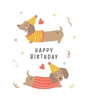 mignonne anniversaire carte avec teckel chiens porter fête chapeau. kawaii salutation carte dessin animé main dessin plat conception graphique illustration. vecteur