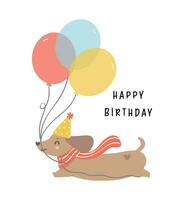 mignonne anniversaire teckel saucisse chien portant fête chapeau et ayant des ballons, célébrer faire la fête. kawaii salutation carte dessin animé main dessin plat conception. vecteur