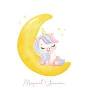 mignonne Licorne en train de dormir sur croissant lune aquarelle garderie art illustration. magique Licorne. vecteur