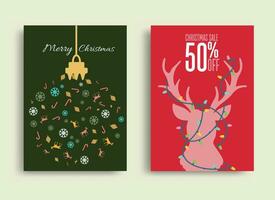 hiver et Noël vente vecteur affiche ou bannière ensemble avec remise texte renne ornement et éléments dans rouge et vert Contexte pour achats promotion. vecteur illustration.