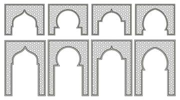 islamique Cadre avec cambre et ornement. Ramadan porte sur géométrique Contexte pour mariage invitation conception. vecteur Oriental décorations ensemble.