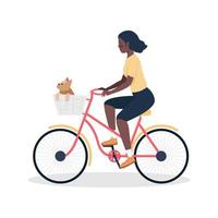 Femme faisant du vélo avec un chien dans un panier de caractère vectoriel de couleur semi-plat