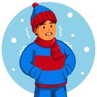 garçon portant une hiver chapeau et écharpe se sent grelottant de le du froid vecteur