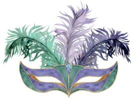 main tiré aquarelle mardi gras carnaval symboles. théâtre mascarade cirque masque avec plumes, or violet vert. Célibataire objet isolé sur blanc Contexte. conception pour fête invitation, imprimer, magasin vecteur