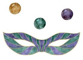 main tiré aquarelle mardi gras carnaval symboles. théâtre mascarade masque avec verre perles, or violet vert. Célibataire objet isolé sur blanc Contexte. conception pour fête invitation, imprimer, magasin vecteur